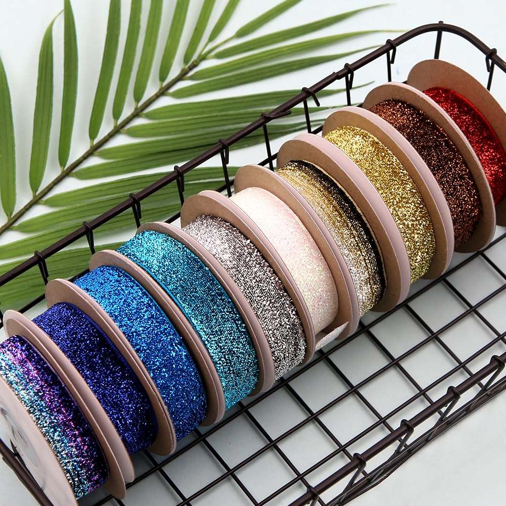 3/4-Inch Velvet Ribbon for Gift Wrapping (10 Rolls, 50 Yards), Metallic Glitter Assorted Ribbons for Crafts Bundle, Flower Bouquet - Christmas Holiday Wedding Birthday Party Gift Decoration DIY Sewing