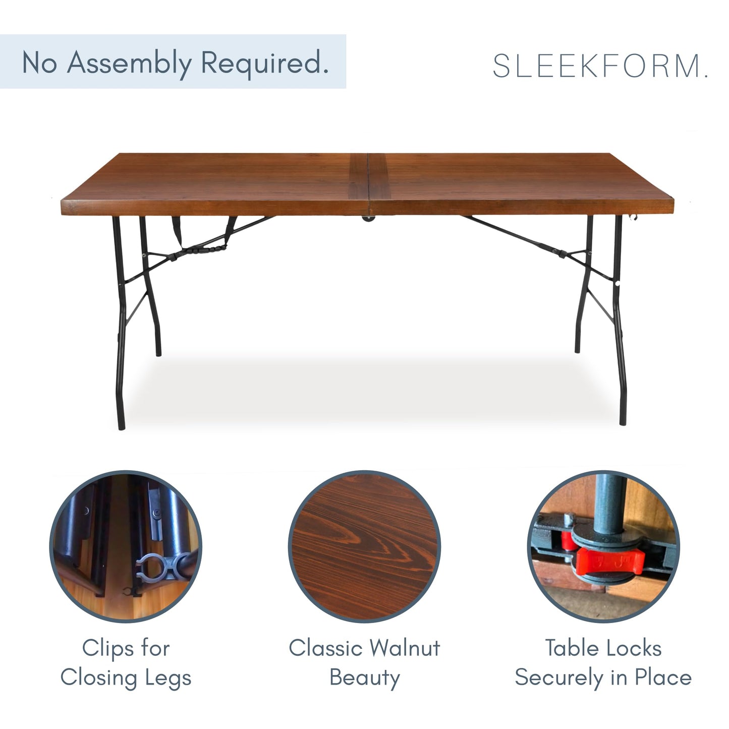 Sleekform 6ft Wooden Folding Table with Handle, Wood Folding Banquet Tables for Dinner - 6 Foot x 28 in, Portable, Sturdy & Lightweight Foldable Table for Dinner, Conference or Picnic - Walnut