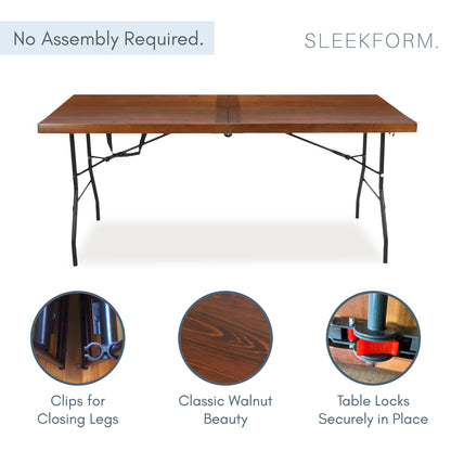 Sleekform 6ft Wooden Folding Table with Handle, Wood Folding Banquet Tables for Dinner - 6 Foot x 28 in, Portable, Sturdy & Lightweight Foldable Table for Dinner, Conference or Picnic - Walnut