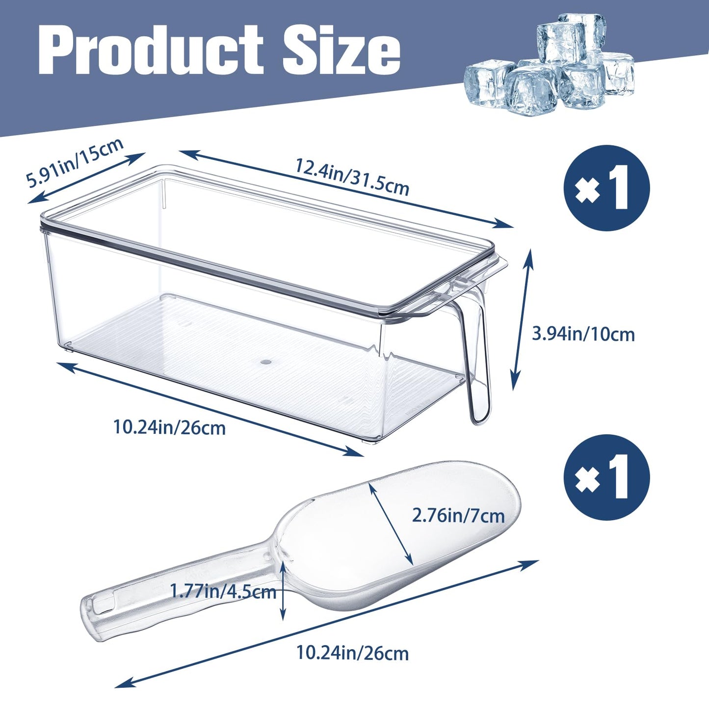 Havawish 2 Pcs Ice Storage Bin for Freezer with Lid and Flexible Scoop Set Plastic Ice Container with Lid Handle for Home Office Fridge Storage (12.4 x 5.91 x 3.94 Inches,Clear)