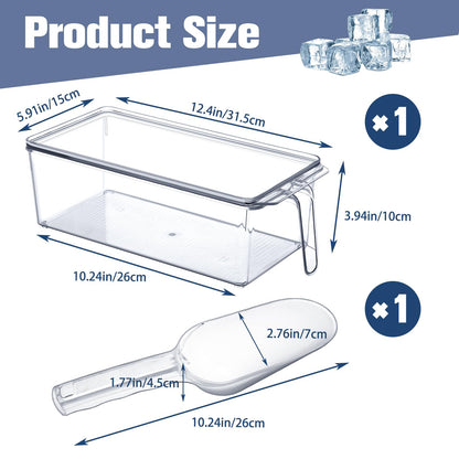 Havawish 2 Pcs Ice Storage Bin for Freezer with Lid and Flexible Scoop Set Plastic Ice Container with Lid Handle for Home Office Fridge Storage (12.4 x 5.91 x 3.94 Inches,Clear)