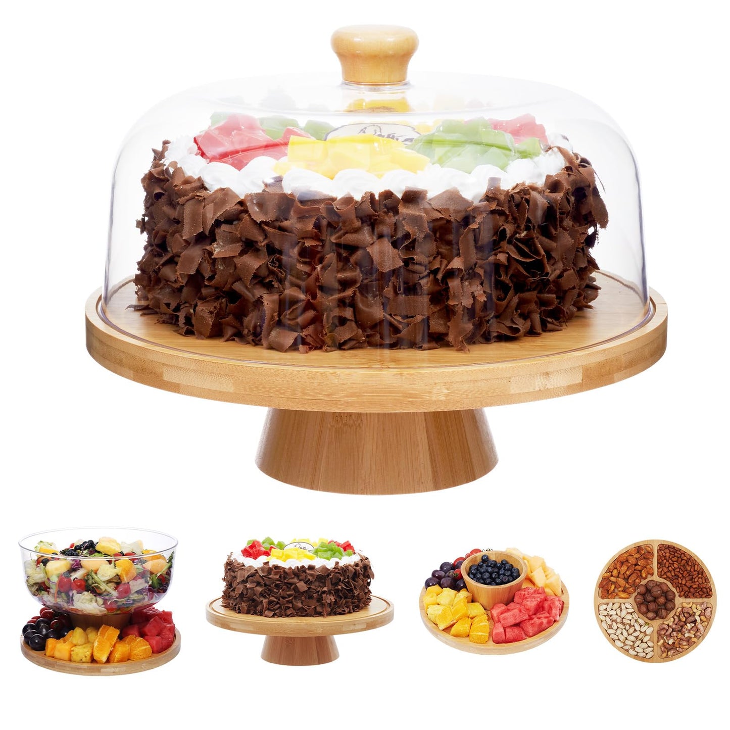 Timboops Home Bamboo Cake Stand with Lid, 6-in-1 Multifunctional Cake Plate, Cake Holder, Serving Tray, Fruit Platter, Salad Bowl, Dessert Table Display & Acrylic Cake Dome Cover