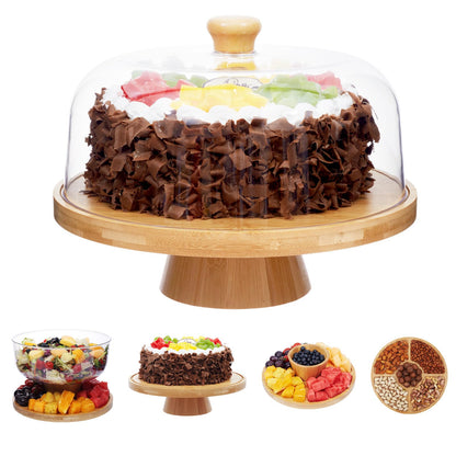 Timboops Home Bamboo Cake Stand with Lid, 6-in-1 Multifunctional Cake Plate, Cake Holder, Serving Tray, Fruit Platter, Salad Bowl, Dessert Table Display & Acrylic Cake Dome Cover