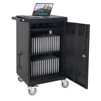 30-Device Mobile Charging Cart with Charging Power Strip and Front and Rear Access Locks, Cable Management, Up to 16.3", Safe Charging Cabinet for Ipads, Chromebooks, Tablets, Laptops Black
