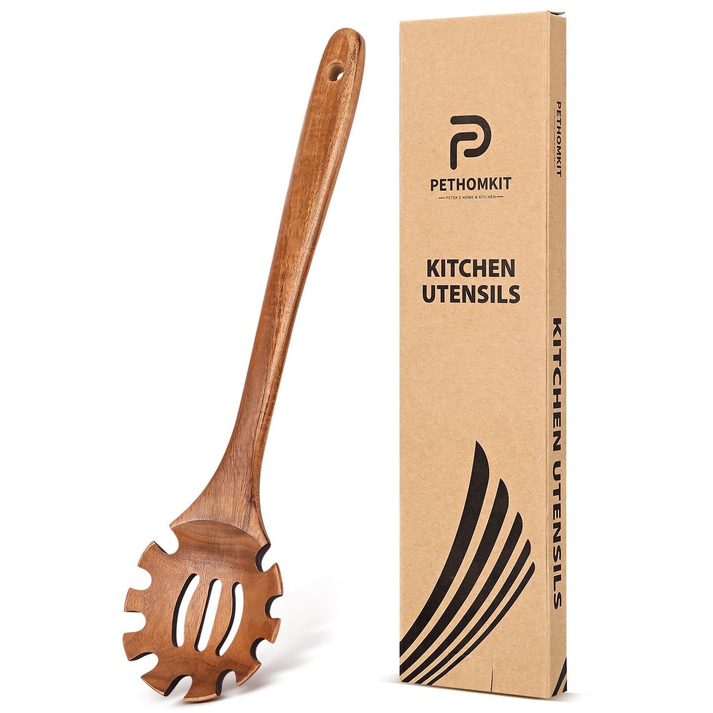 Wooden Pasta Spaghetti Spoon with Teeth, Teak Slotted Pasta Spaghetti Strainer Spoon for Cooking Serving Collecting, Wooden Pasta Fork Server Utensil with Claws, Wood Noodle Strainer,12.8″, Brown