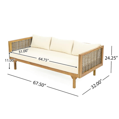 Christopher Knight Home Outdoor 3 Seater Acacia Wood Daybed with Fabric Water Resistant and Removable Cushions, Patio Garden Poolside Sofa with Wicker Armrest and Slat Paneling Back, Teak and Beige