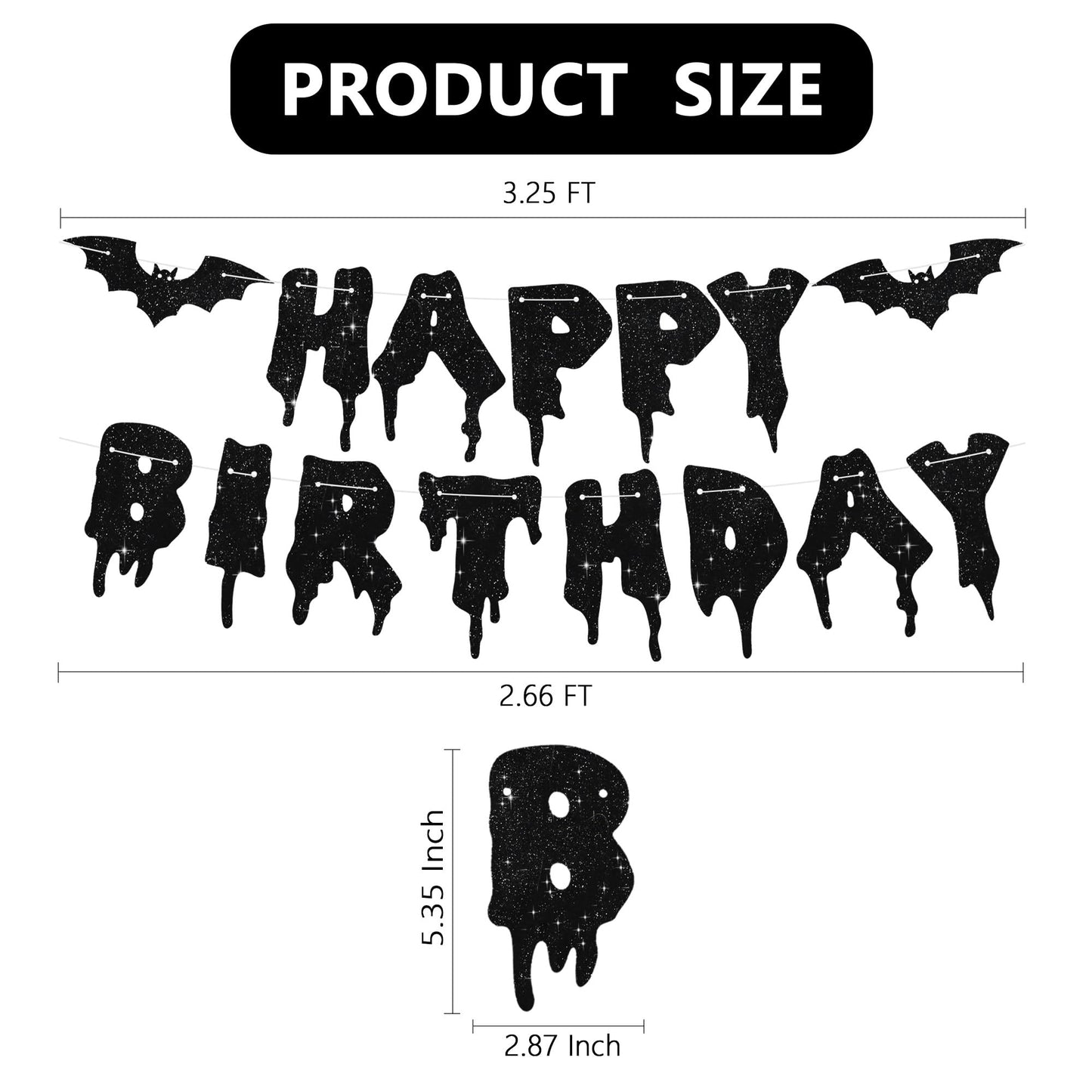 RICHHHA Glitter Black Glitter Happy Birthday Halloween Banner- NO DIY - Halloween Hanging Paper Garland Bunting Banner Decorations, Party Supplies for Kids Boy Girl Birthday