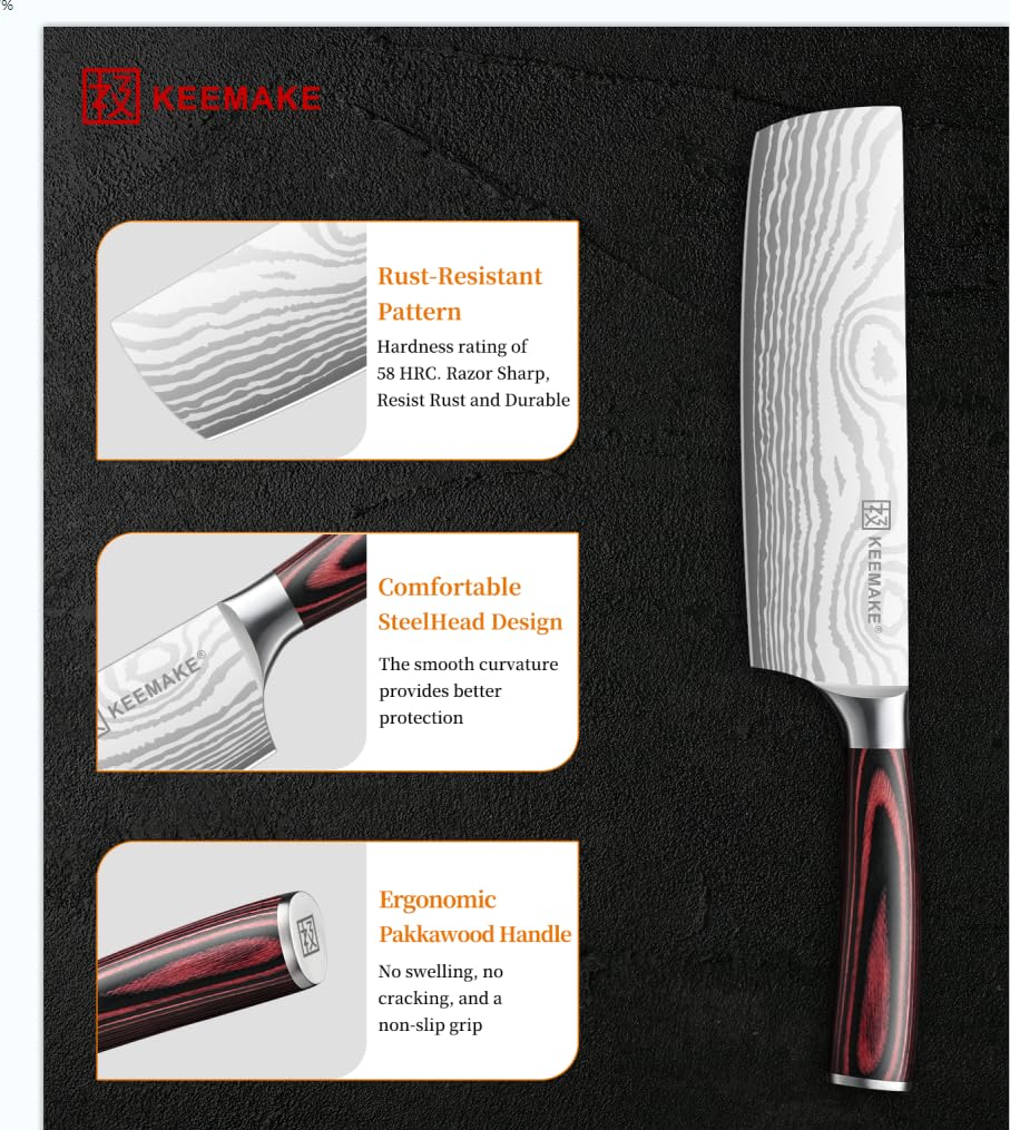 KEEMAKE 7 Inch Nakiri Knife - Japanese Kitchen Vegetable Cleaver, Razor Sharp German High Carbon Meat Slicing Cutter, Ergonomic Pakkawood Handle with Sheath, Father Day Gifts