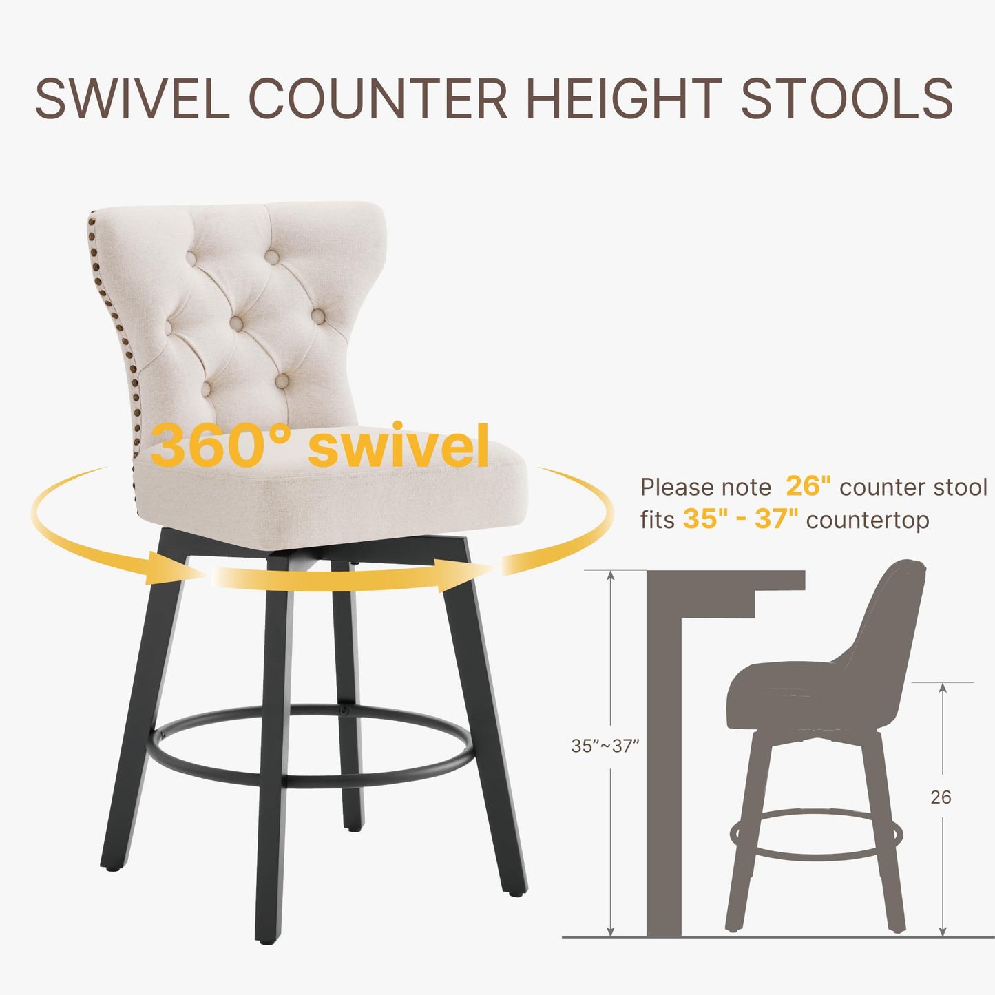 Counter Height Barstools 26 inch Upholstered Button Tufted Swivel Bar Stools with Back and Wood Legs for Kitchen Island,Set of 2,Beige Fabric-Nailhead Trim