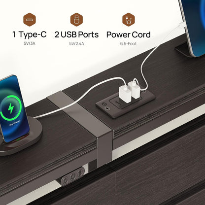Rolanstar Full Size Bed Frame - USB Charging Station & LED Wood Storage Headboard - Black Metal Design