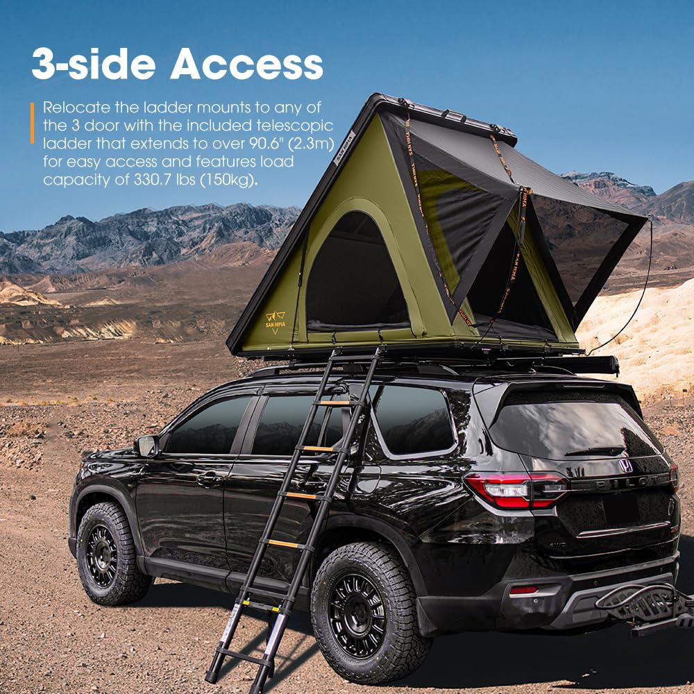 Sanhima Rooftop Tent Hard Shell - Hotham Lite Overland Aluminium Roof Top Tent 4.56" Slimline, w/Tri-Color LED Strip Light & 1.97” Thick Mattress, for Car SUV Truck Camping, 2-3 People (Army Green)