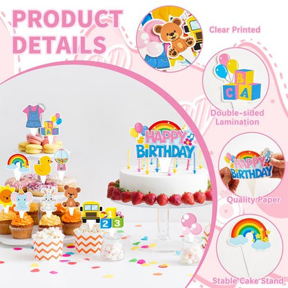26Pcs Girls Happy Birthday Cupcake Toppers Cartoon Teacher Cupcake Picks Cartoon Girls Party Decorations Rainbow ABC Bus Double Sided Cake Decorations for Birthday Baby Shower Party Supplies
