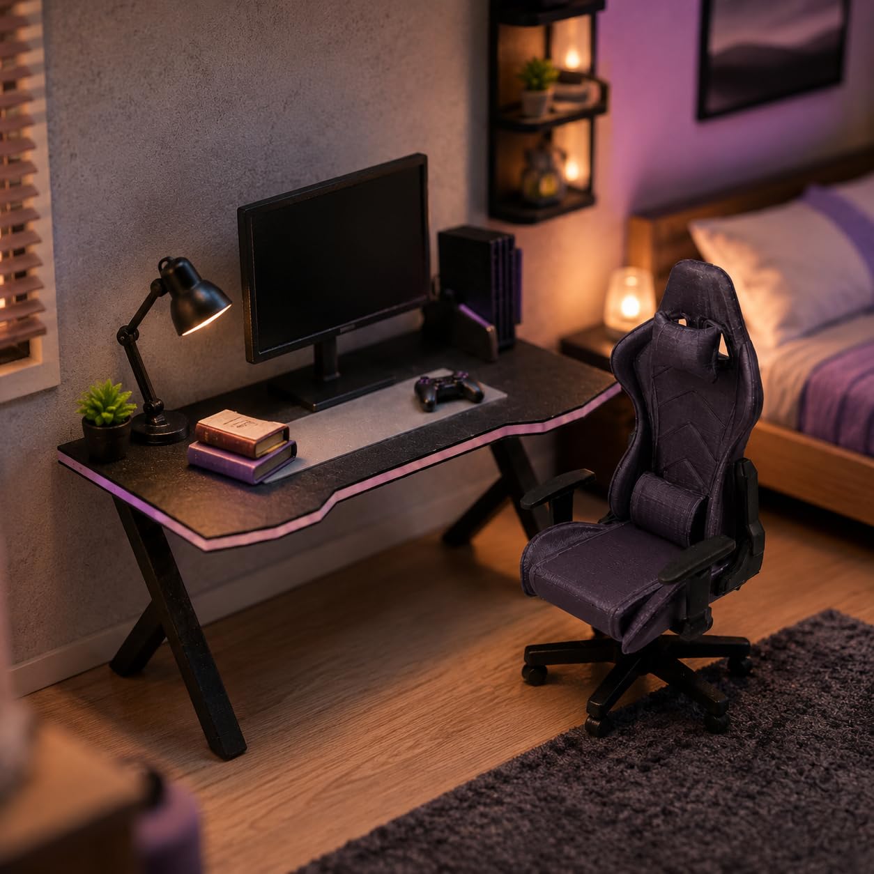 LUOZZY 2 Pcs 1:12 Scale Miniature Dollhouse Gaming Desk and Chair Furniture Model for Scene Decorations