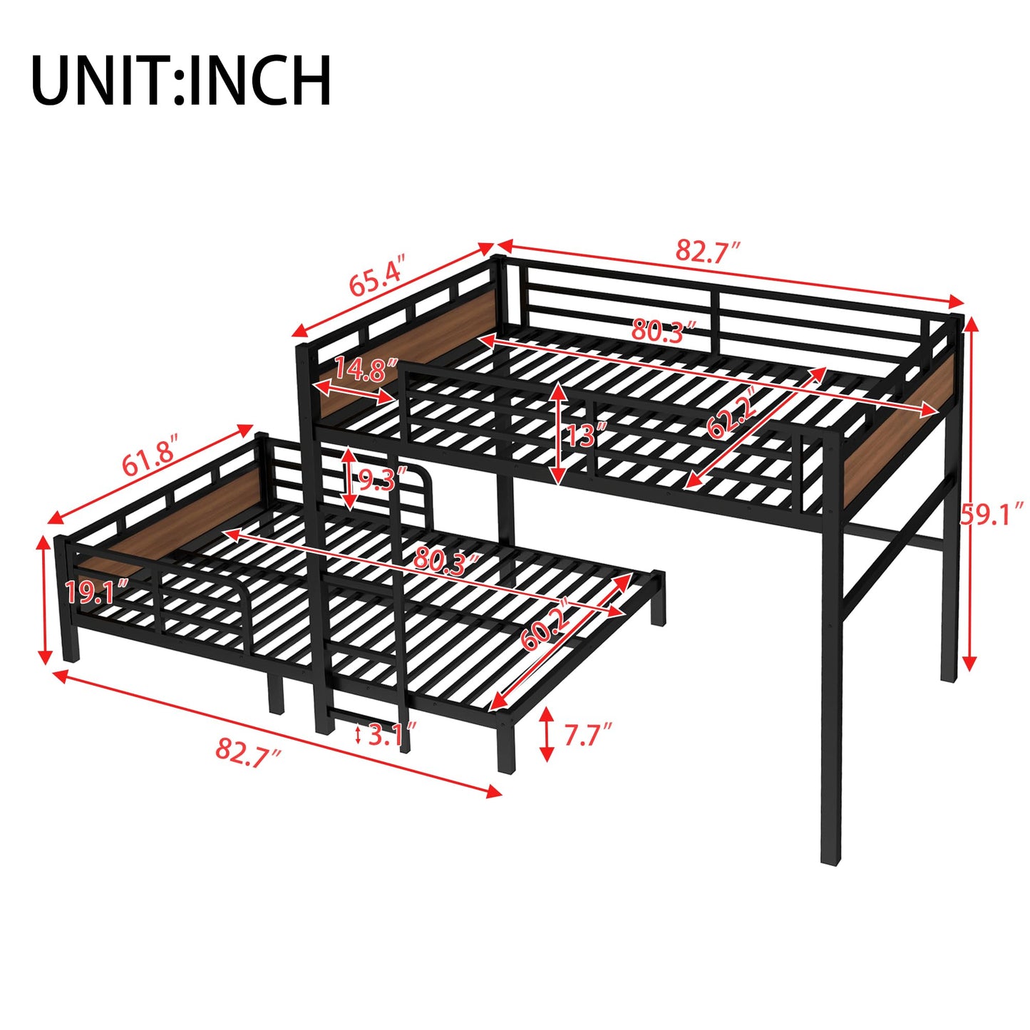Bellemave Queen Over Queen Bunk Bed with Headboard and Full Length Guardrail, Separable Bunk Bed Queen Size, Heavy Duty Bunk Beds Can Turns Into Loft Bed and Platform Bed, Walnut