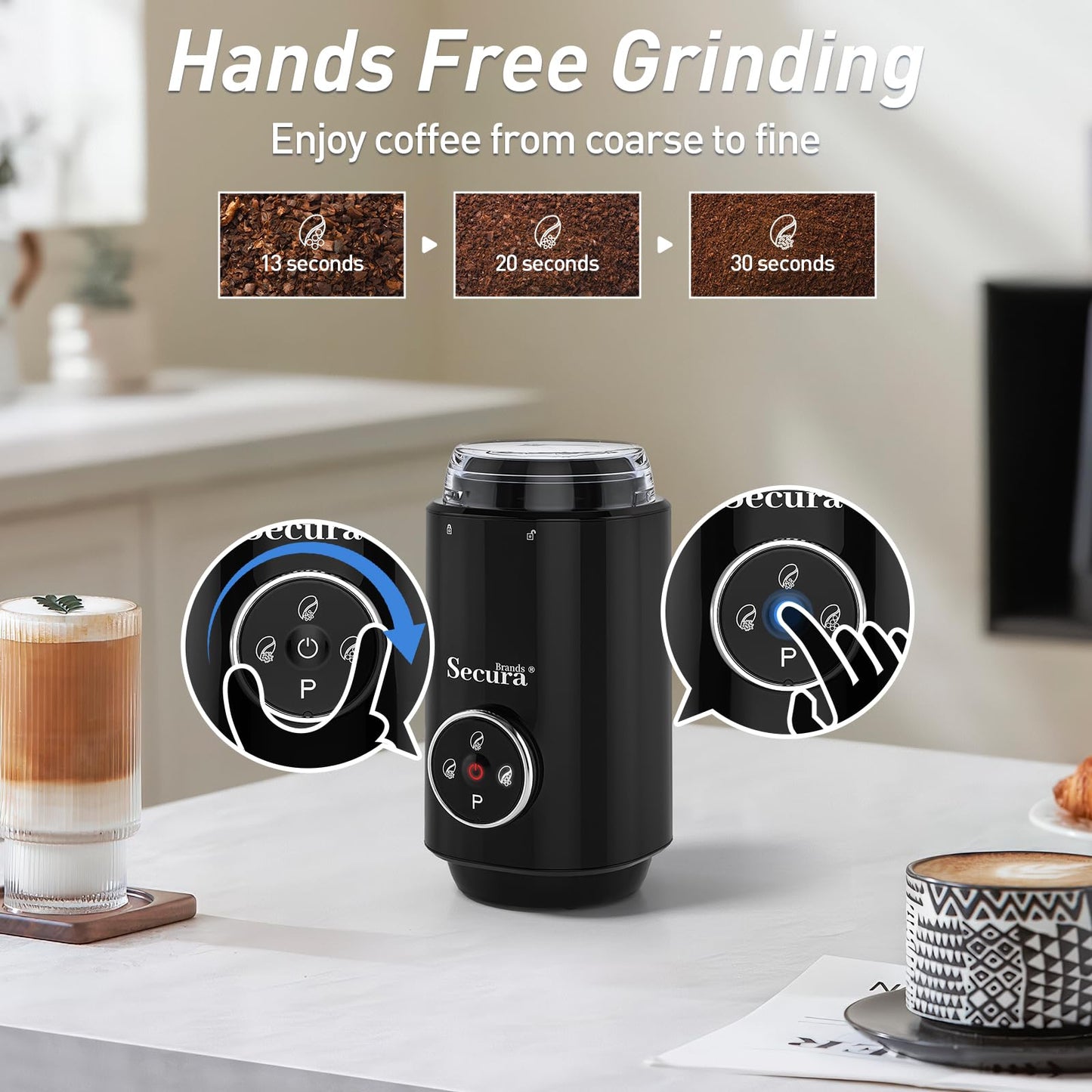 Secura Brands Electric Coffee Grinder with Coarse to Fine Multiple Grind Setting for Coffee Bean, Spices & Herbs, Black