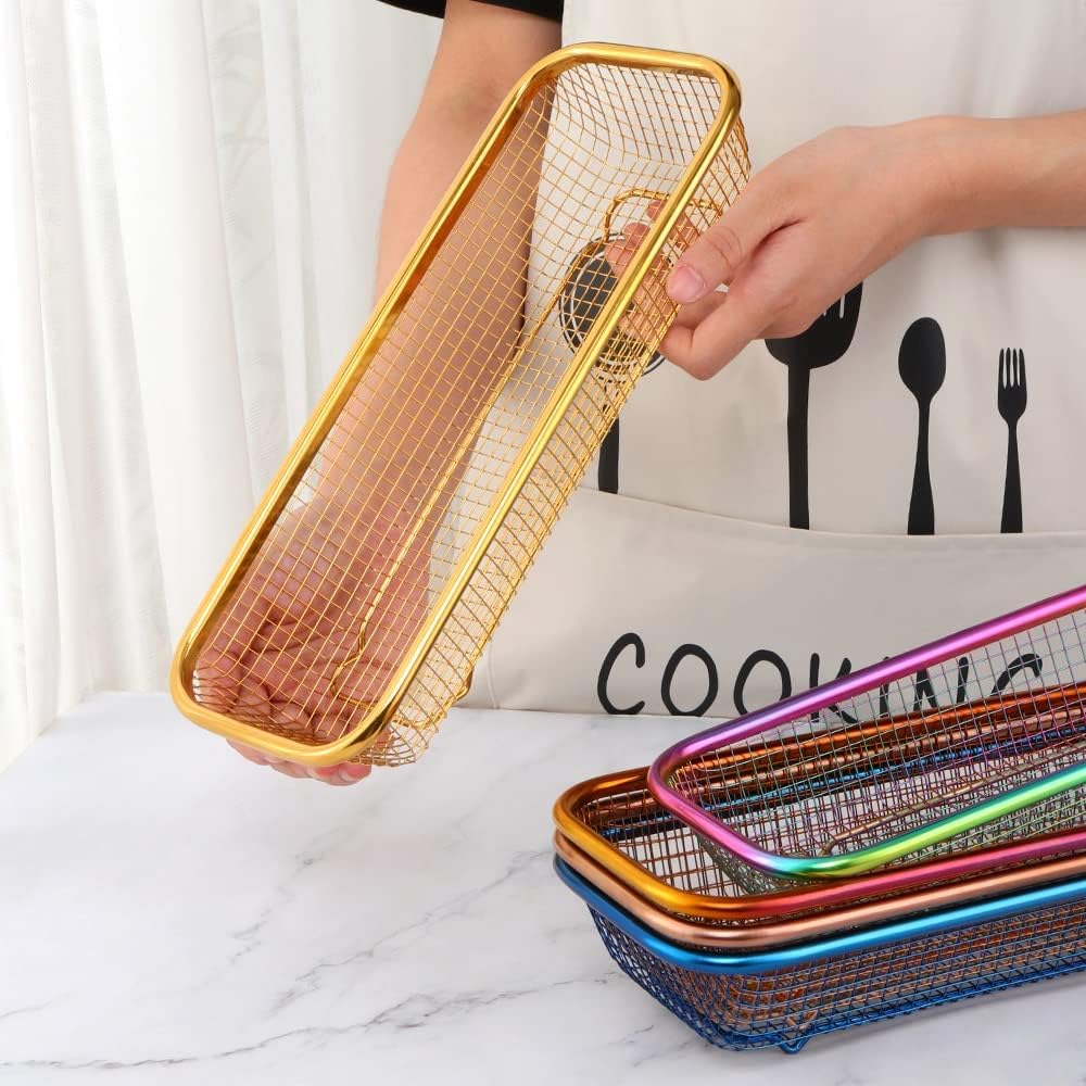 Kitchen Drawer Organizer, BuyGo Stainless Steel Storage Container, Gold Metal Cabinet Storage Basket, Pack of 2