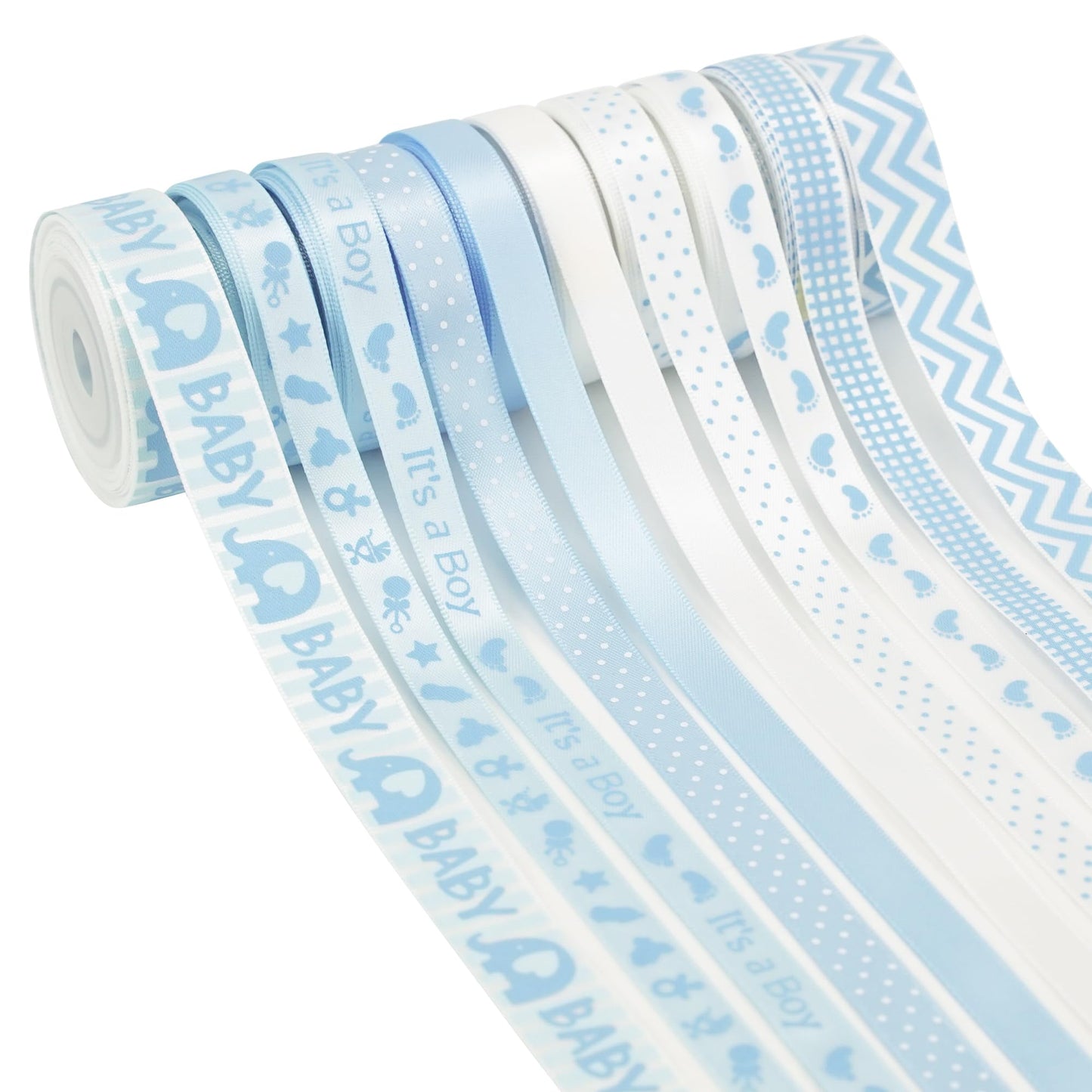 HUIHUANG Baby Blue Ribbon for Baby Shower Its A Boy Blue Ribbons Assorted Foot Print Elephant Satin Ribbon for Gift Wrapping Crafts Diaper Cake Baby Shower Birthday Favor-5 Yards Each Total 50 Yards