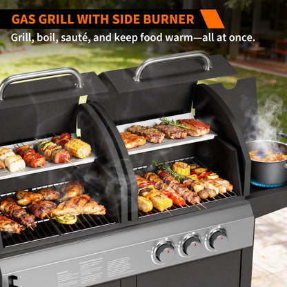 Garvee 3 Burner Propane Gas and Charcoal Grill Combo with Side Burner, Outdoor Dual Fuel Grill with Storage Cabinet for Patio & Party & Kitchen & Backyard Barbecue