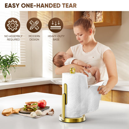 theaoo Heavy-Duty Stainless Steel Paper Towel Holder with Tension Arm – Easy One-Handed Tear, Modern Standing Countertop Dispenser for Kitchen, Holds All Paper Towel Rolls (1, Gold)