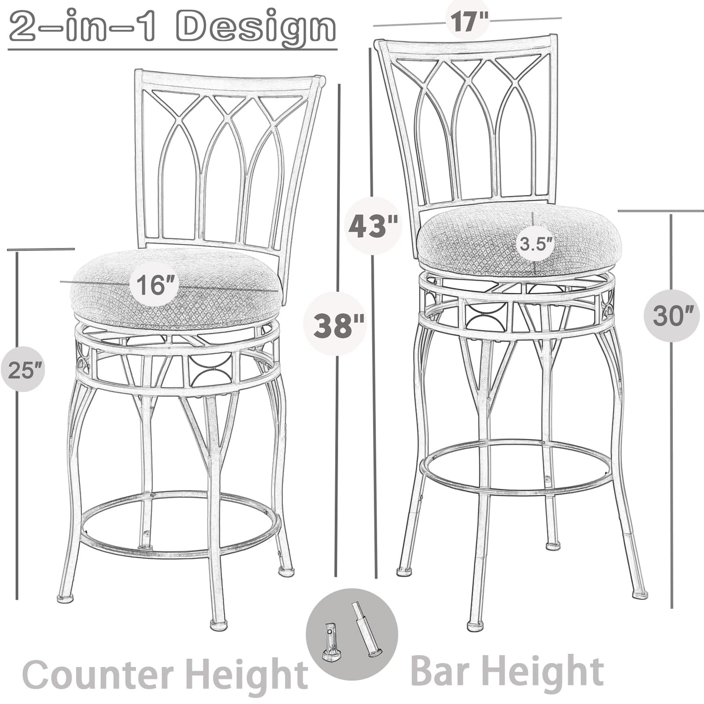 MIITODAY Farmhouse Swivel Bar Stools with Backs Set of 2, Adjustable 25"/30" Industrial Counter & Bar Chairs with Brown PU Leather, Antique Brass Metal, Vintage Rustic Wood for Kitchen, Pub, Bistro