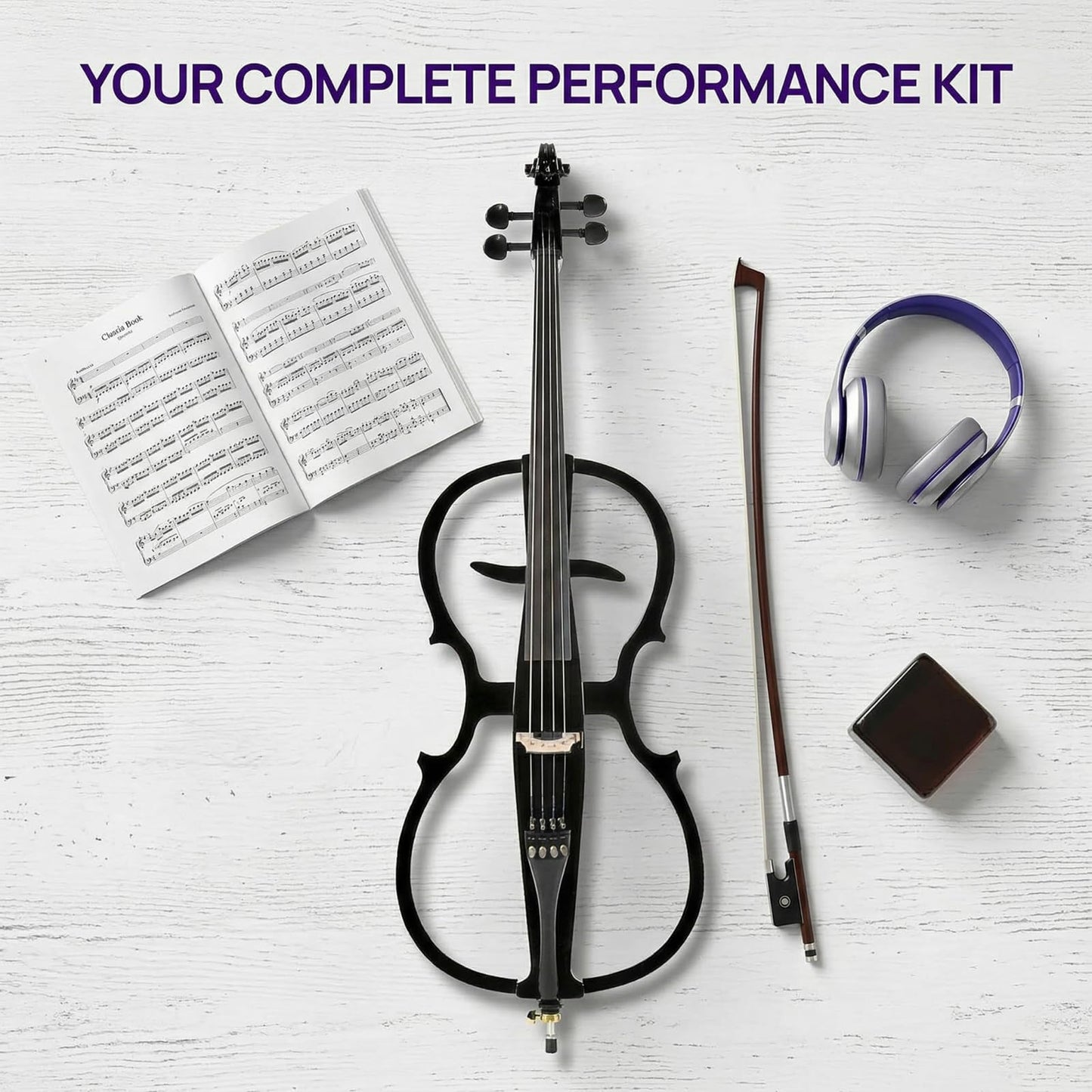 Verahaus Electric Cello 4/4 Full Size Ebony Fittings with Lightweight Cello Bag, Headphones, Bow, Bridge, Rosin, Cello for Beginners Adults(Metallic Black)