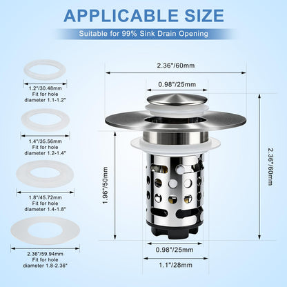 Upgraded 3 in 1 Bathroom Sink Drain Strainer, Universal Pop Up Stopper with Removable Stainless Steel Filter Basket Hair Catcher, Sink Plug for 1.1''~2.36'' Basin, Brushed Nickel Finish(2PC)