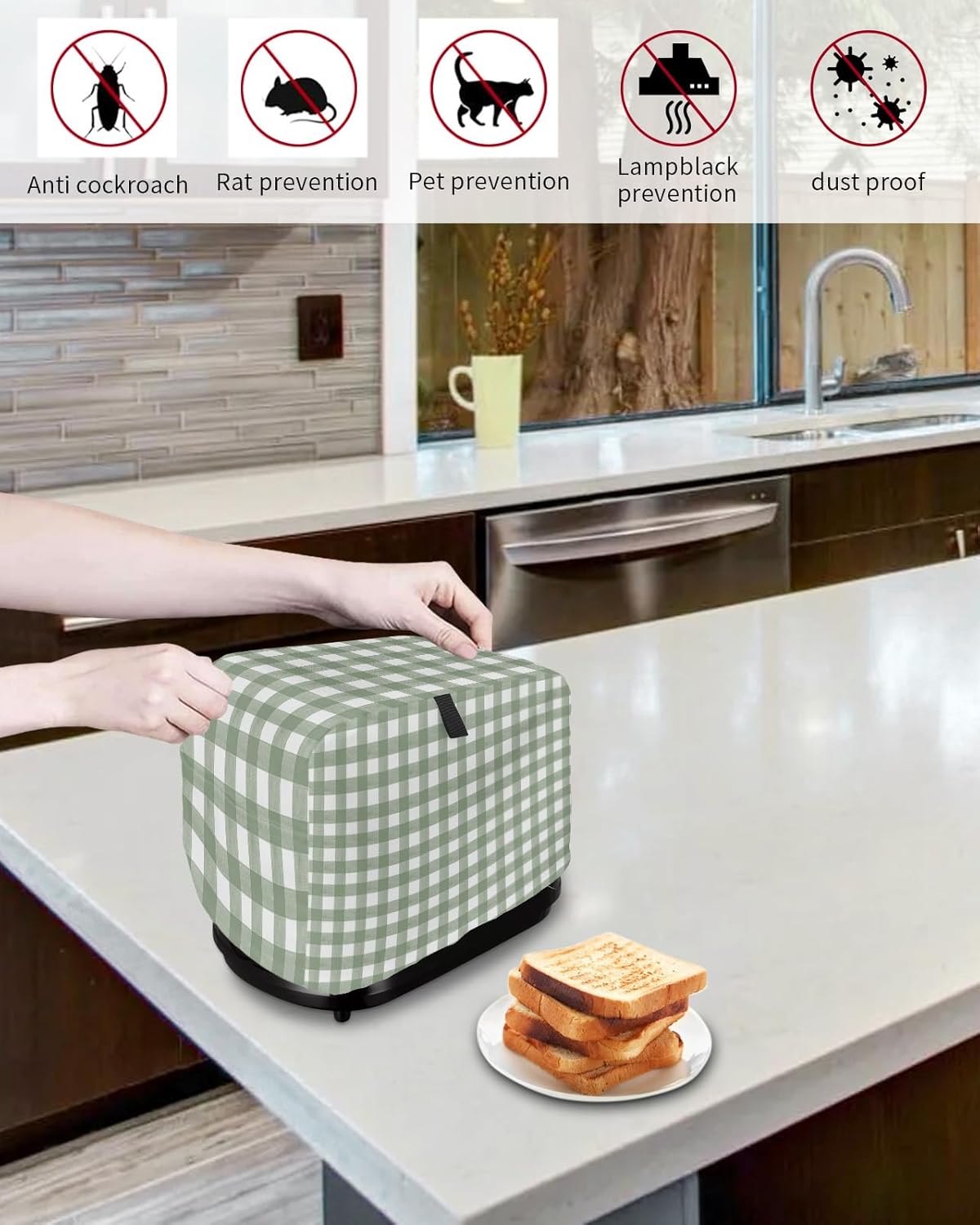 Sage Green Buffalo Plaid Toaster Cover 4 Slice - Large Kitchen Appliance Cover with Loop, Polyester Dust Protection