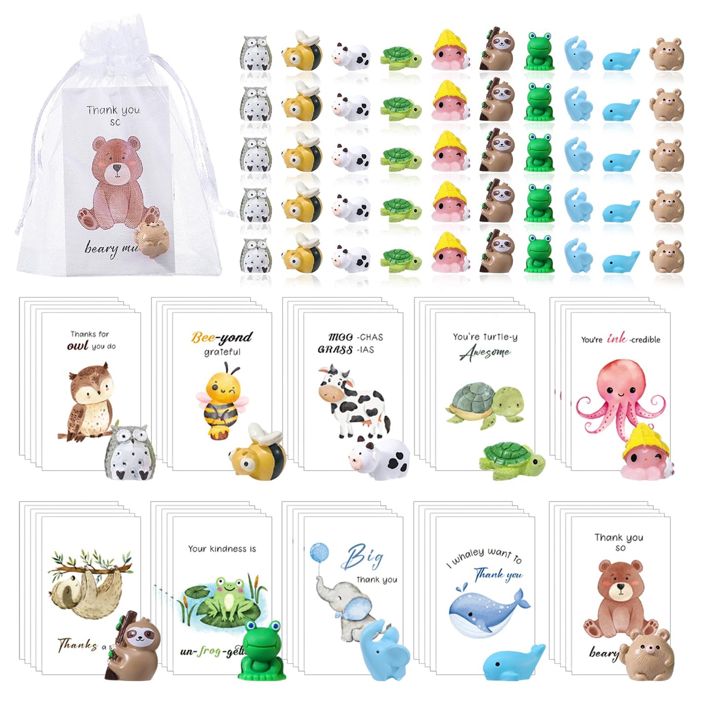 BESARME 50 Set Employee Appreciation Gifts Bulk, Teacher Appreciation Gifts for Coworkers Staff Thank You Gift Resin Animal Set with Inspirational Note Cards School Supplies