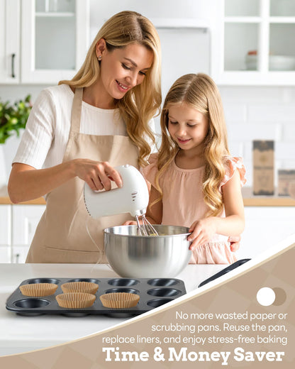 Bake Choice 2 Pack Muffin Pan for Baking, Standard Cupcake Pan includes 100 Natural Cupcake Liners, Muffin Tin Nonstick 12 Cup, Baking Pans Set, Carbon Steel Baking Supplies