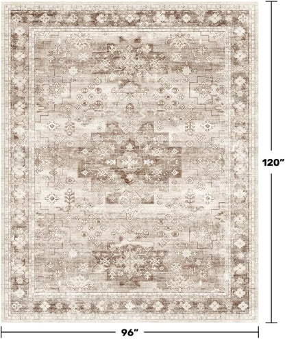 Skiennix Washable Area Rug - Large 8x10 Boho Vintage Floral Design | Stain Resistant & Non-Slip (Beige/Latte)