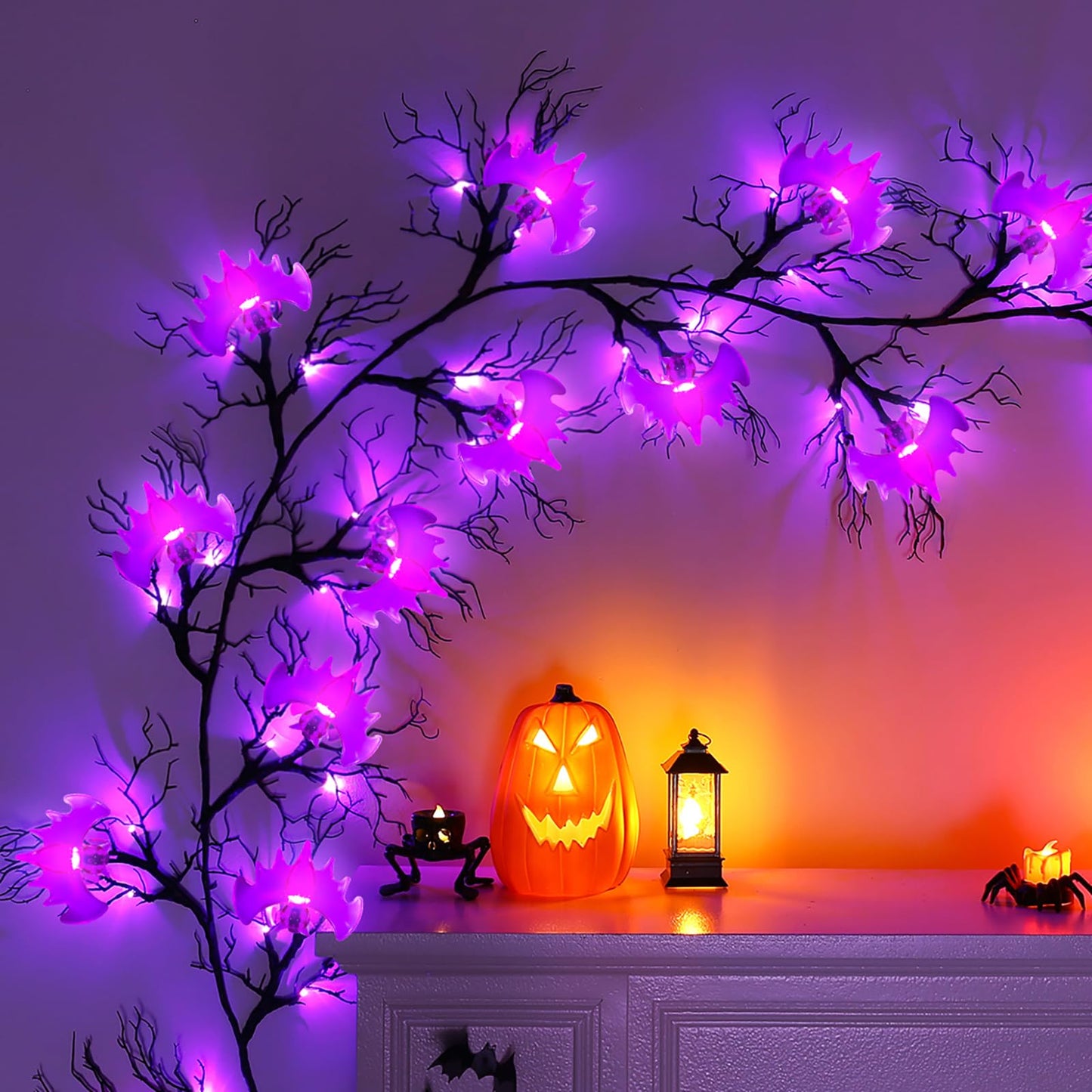 Joyhalo Halloween Garland with Lights Decorations with Bat Lights,Battery Operated 6FT 48 LED Halloween Willow Vine Twig Garland for Mantle,Wall,Fireplace and Halloween Decorations