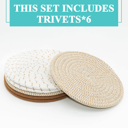 Trivets for Hot Dishes, Pots and Pans, 8 Inches Hot Pads 6 Pcs, Pot Holders for Kitchen, Heat Resistant Mat Protect Counter, Coasters Set Home Essentials Farmhouse Decor (Mix Brown)