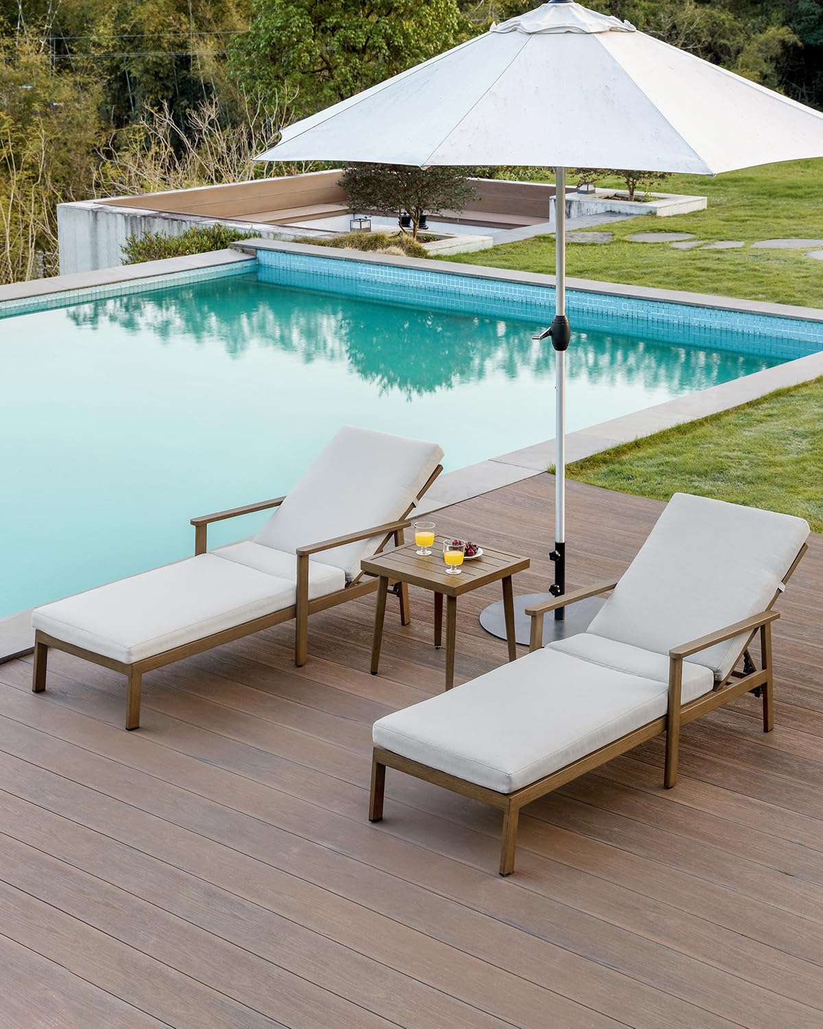 SEEHILL 2-Pack Teak Chaise Lounge Chairs, Never Rust Aluminum Outdoor Pool Lounge Chair Set with Gray Cushions, 6-Position Adjustable Patio Loungers, Outdoor Lounge Chairs for Poolside, Beach, Yard