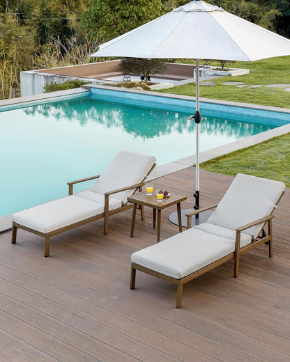 SEEHILL 2-Pack Teak Chaise Lounge Chairs, Never Rust Aluminum Outdoor Pool Lounge Chair Set with Gray Cushions, 6-Position Adjustable Patio Loungers, Outdoor Lounge Chairs for Poolside, Beach, Yard