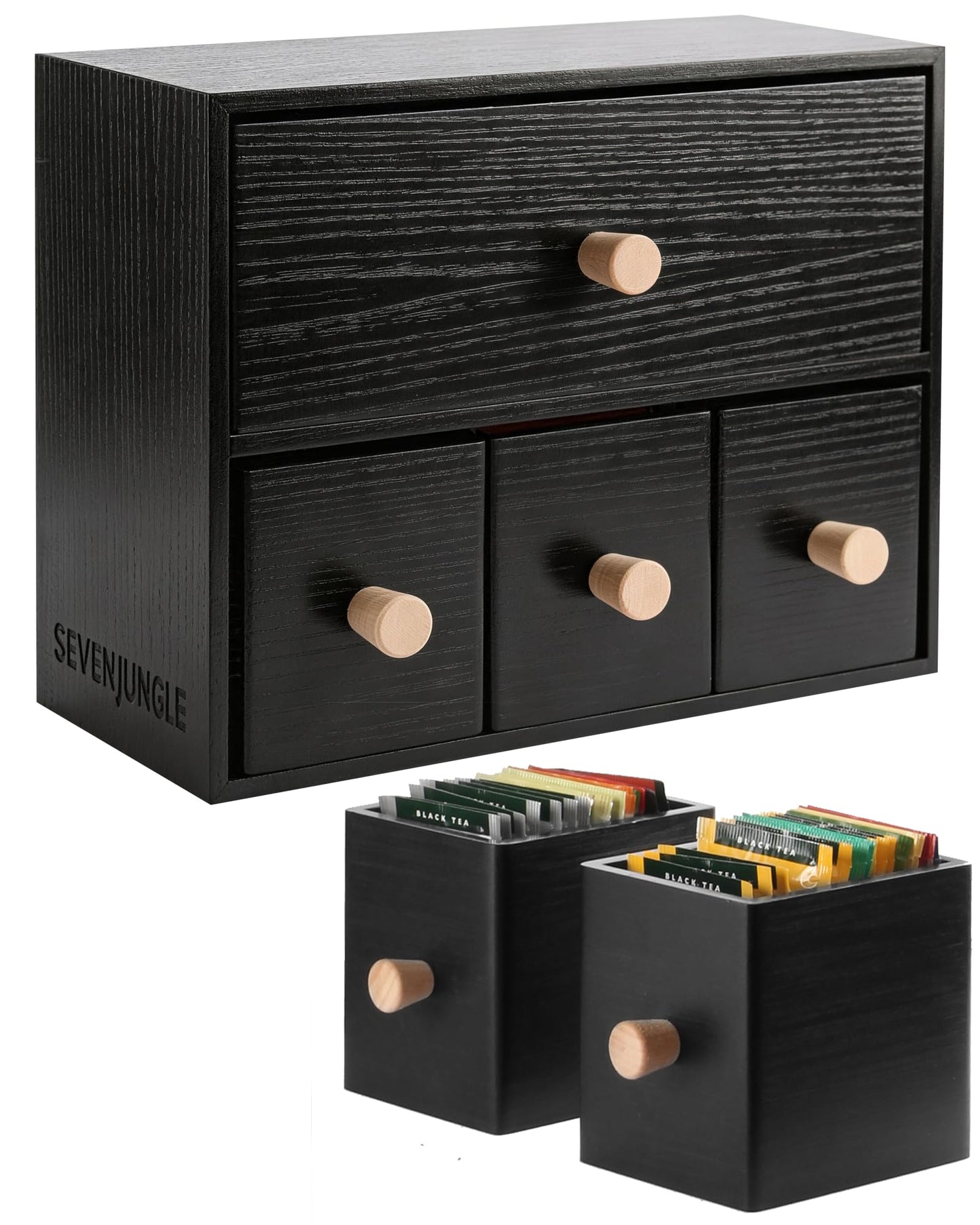 Tea Drawer Organizer for Tea Bags and Coffee Bar Supplies Black Wooden Tea Box with 4 Pull Out Drawers for Countertop Pantry Breakroom and Kitchen Tea Station