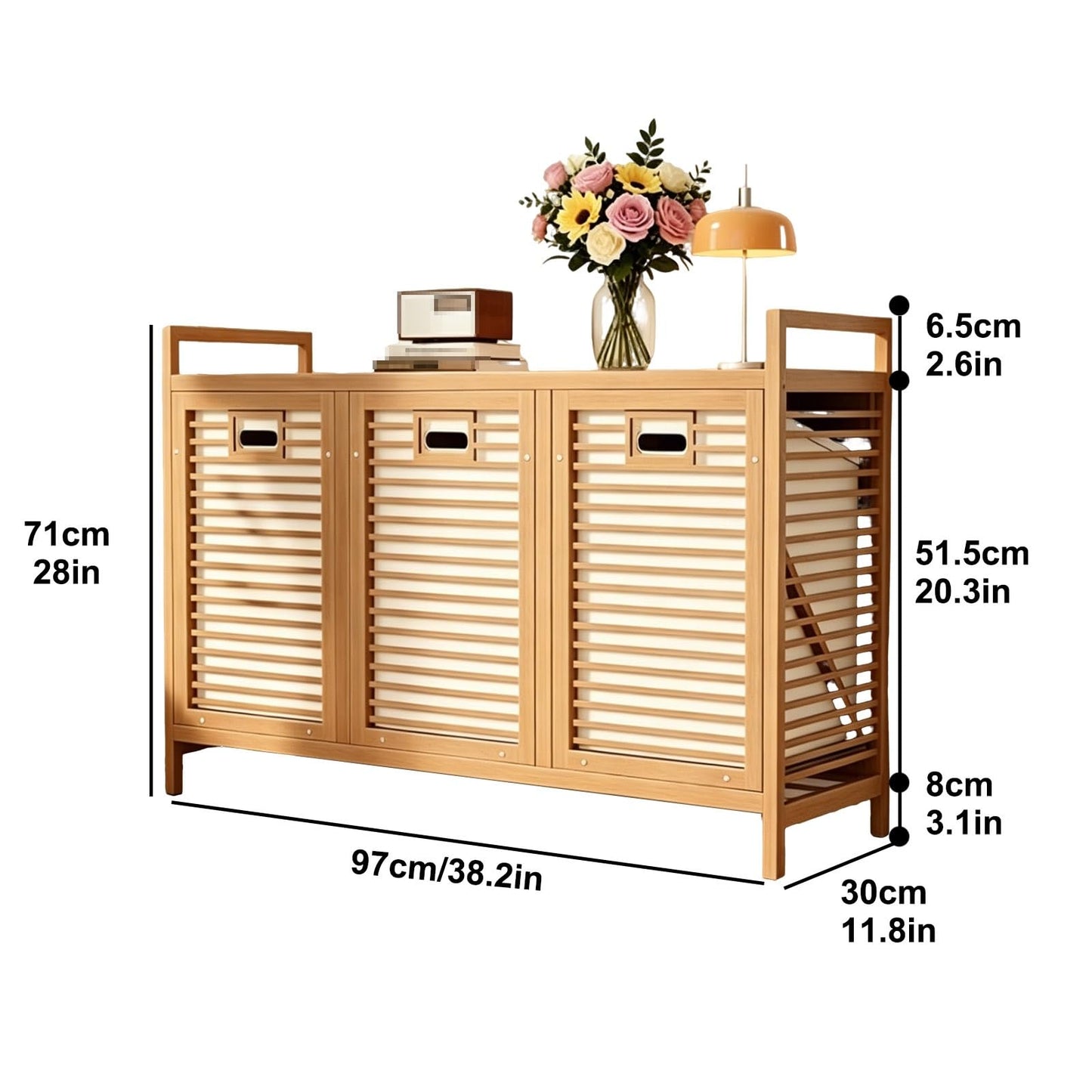 Bamboo Hidden Tilt-Out Laundry Hamper, 3 Compartment Laundry Sorter with Removable Waterproof Liner, Slim Organizer for Bathroom Bedroom Laundry Room