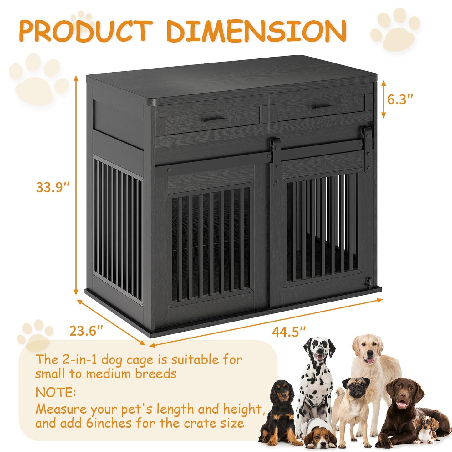44.5''Large Dog Crate Furniture with 2 Storage Drawers,Heavy Duty Dog Kennel Indoor with Hook,Dog Kennel End Table TV Stand, Farmhouse Style Dog Crates with Sliding Barn for Medium/Large Dogs,Black