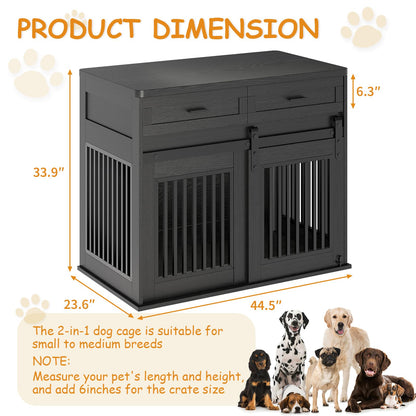 44.5''Large Dog Crate Furniture with 2 Storage Drawers,Heavy Duty Dog Kennel Indoor with Hook,Dog Kennel End Table TV Stand, Farmhouse Style Dog Crates with Sliding Barn for Medium/Large Dogs,Black