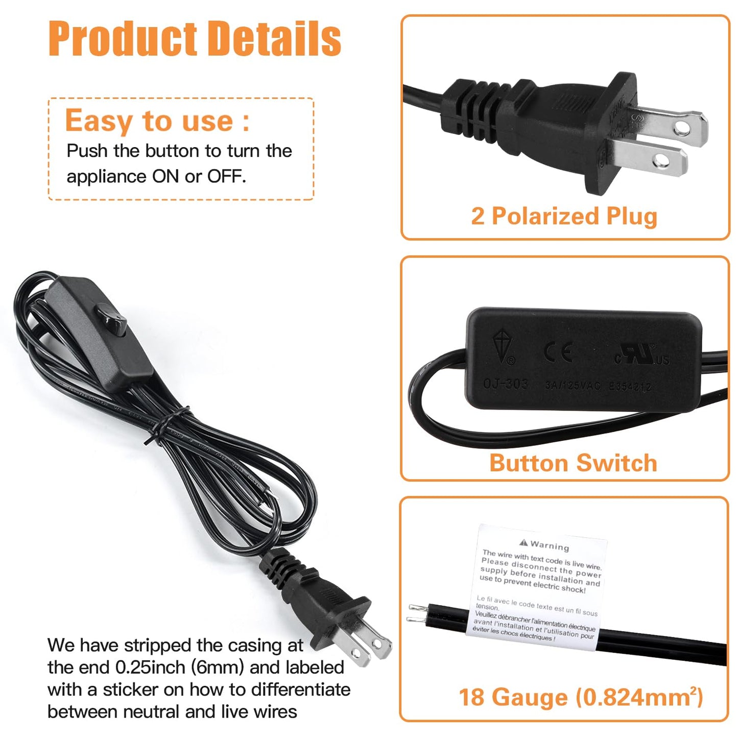 Asjeumt 2Pcs 8FT Lamp Cord with Switch Replacement Lamp Cord Switch Set with Plug 2 Polarized Black 18 AWG SPT-2 Wire ON OFF Button Switches 8 Feet DIY Rewiring Repairing Wiring Electrical Light Cords
