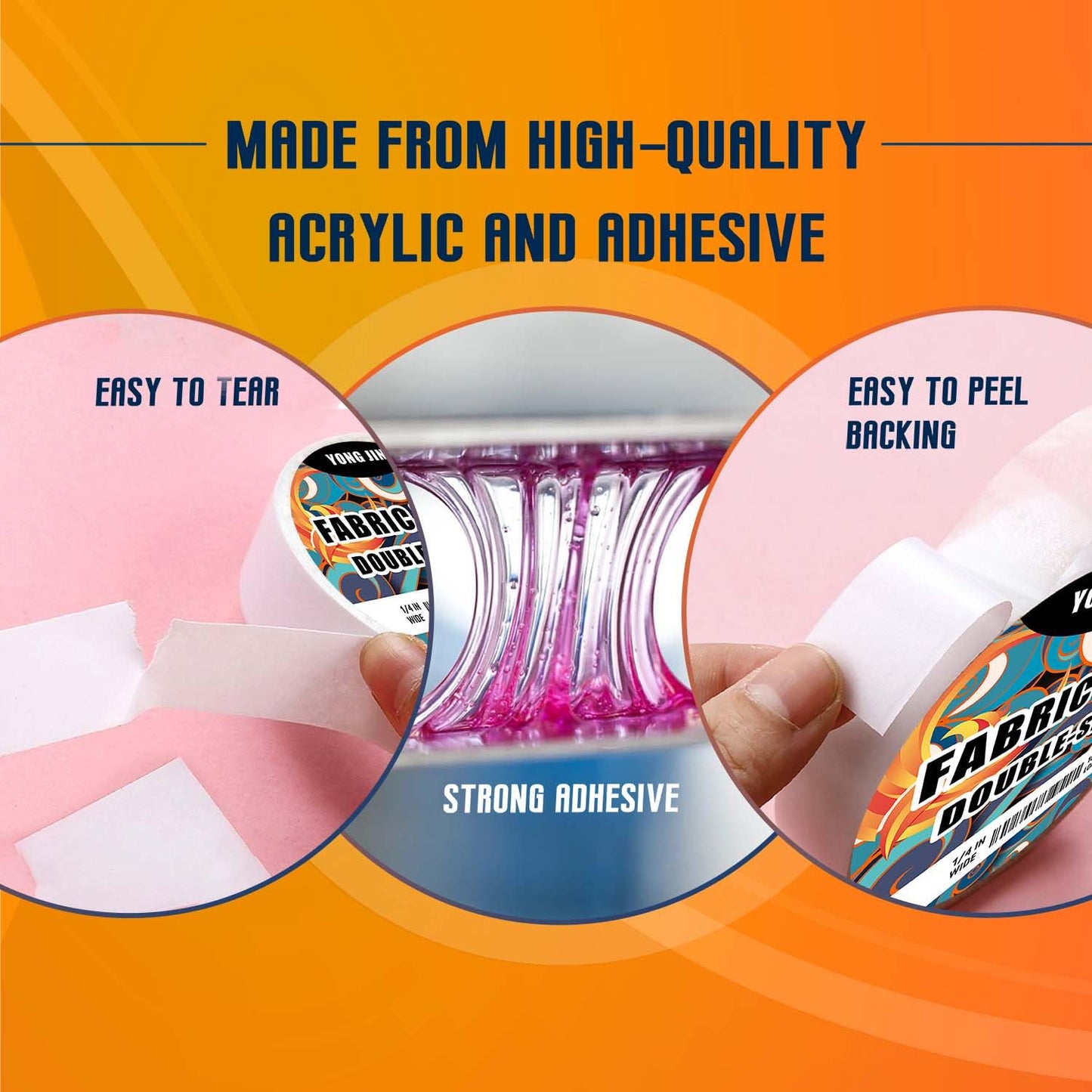 YONGJIN Double-Sided Fabric Tape (2 Rolls) - No Sewing or Ironing Required, Perfect for Quick Clothing Repairs, Fabric Bonding, Adhesive Cloth Tape for Hemming and DIY Crafts (3/5inch+1inch)
