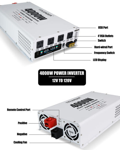 4000W Power Inverter 12V to 110V/120V, Solar Inverter Remote for RV Camping Off-Grid Solar Inverter Systems