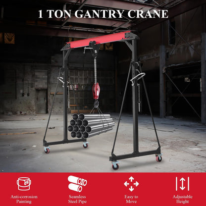 1 Ton Gantry Crane Compatible with Chain Hoist, 8-12 FT Adjustable Height 2200 LBS Shop Crane with Locking Casters, Shop Lift Hoist for Garage, Workshop, Warehouse