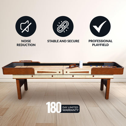 Hathaway Merlot 12 Foot Shuffleboard Table for Family Game Room - with Lacquer Coated Playfield, Built-in Scorer and Cabinet, Climate Adjusters, Leg Levelers, 8 Pucks, Brush, and Wax - Walnut Finish
