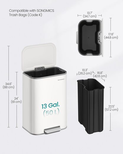 SONGMICS Kitchen Trash Can, 13-Gallon (50 L) Garbage Can with Lid, Stainless Steel, Soft Close and Stays Open, Inner Bucket, Wide Non-Slip Pedal, Cloud White ULTB547W01