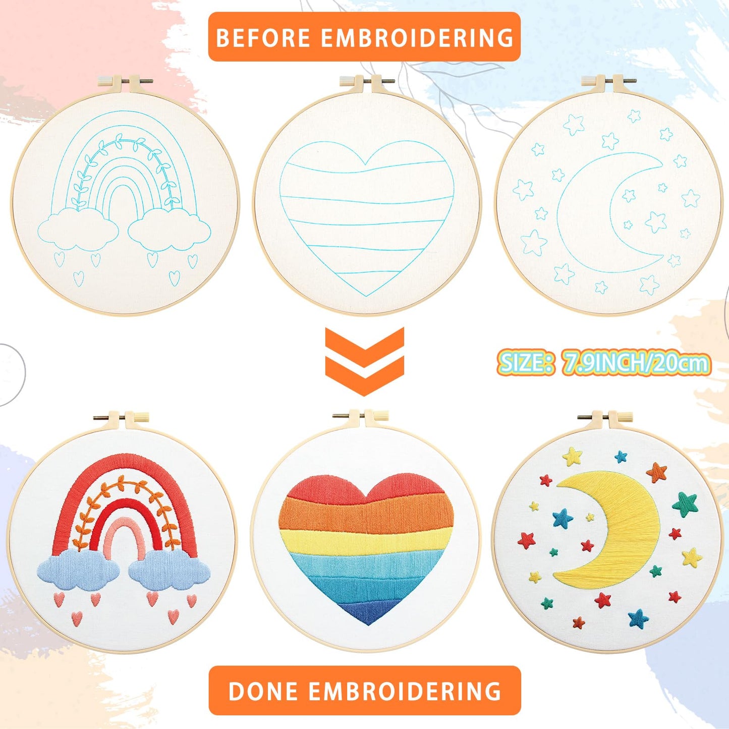 Yinder 5 Set Starter Embroidery Kit for Beginners Boho Cross Stitch with Patterns Embroidery Hoops Instructions Floss Punch Needlepoint Kits Crafts DIY Adult Beginner Cross Stitch(Rainbow)
