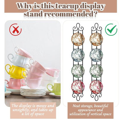 Blulu 2 Pcs Wall Mounted Tea Cup & Saucer Display Rack, 4-tier Metal Mug Holder with Plate Hangers, Decorative Wall Storage for Kitchen, Gift&Coffee Bar Display, 36'' x 5'' (Black)