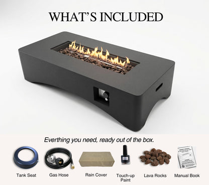 KEIKI 56" Rectangular Propane Gas Fire Pit Table, 50,000 BTU Modern Outdoor Concrete Fire Table with Lava Rocks, Waterproof Cover, Tank Seat, No Assembly for Patio Backyard Deck, Dark Grey