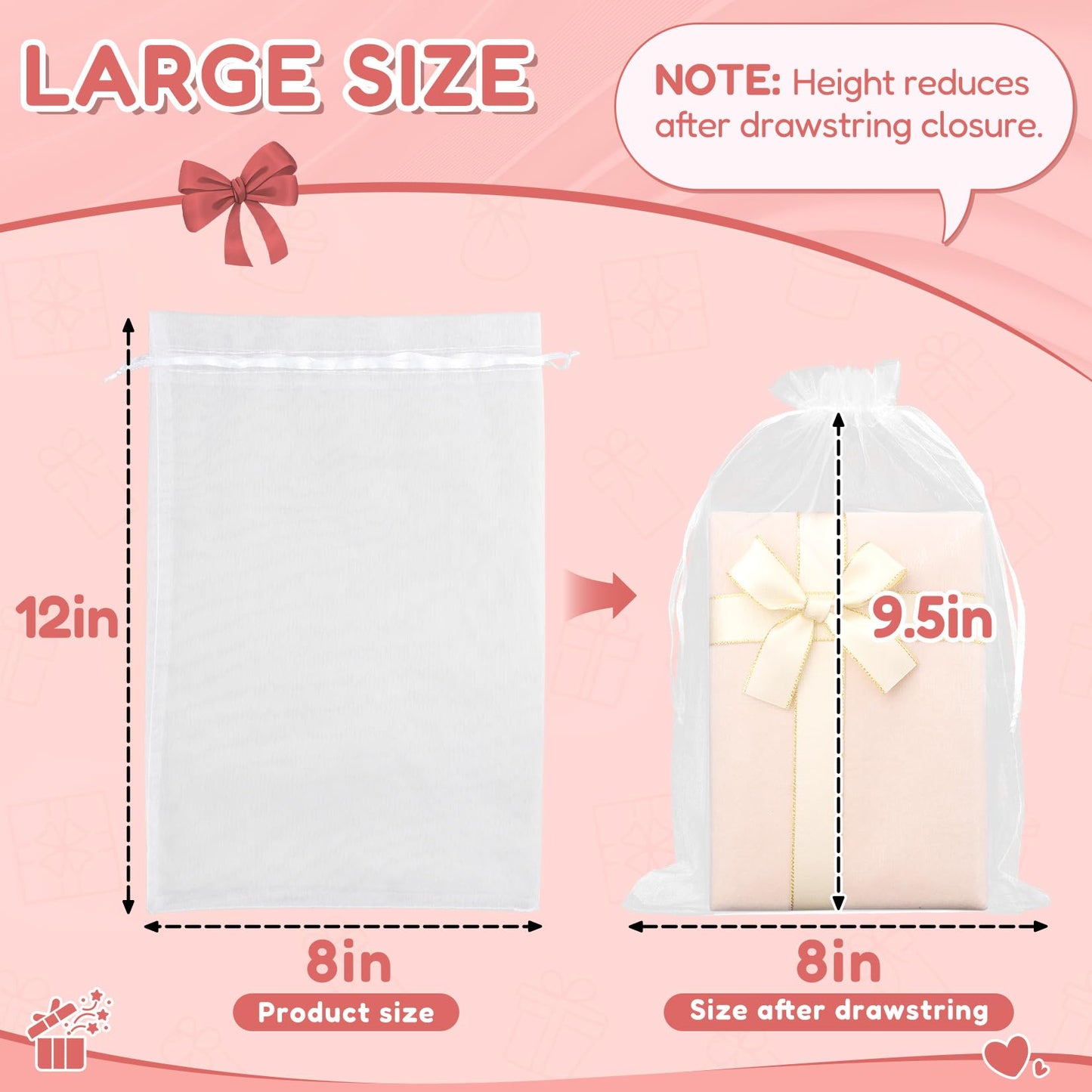 Crweety 100PCS White Organza Bags 8x12, Large Mesh Bags Drawstring for Gifts Wedding Favors Treats Makeup Soap Sachet Candy Jewelry, Party Favor Goodie Bags Bulk for Birthday Graduation Baby Shower