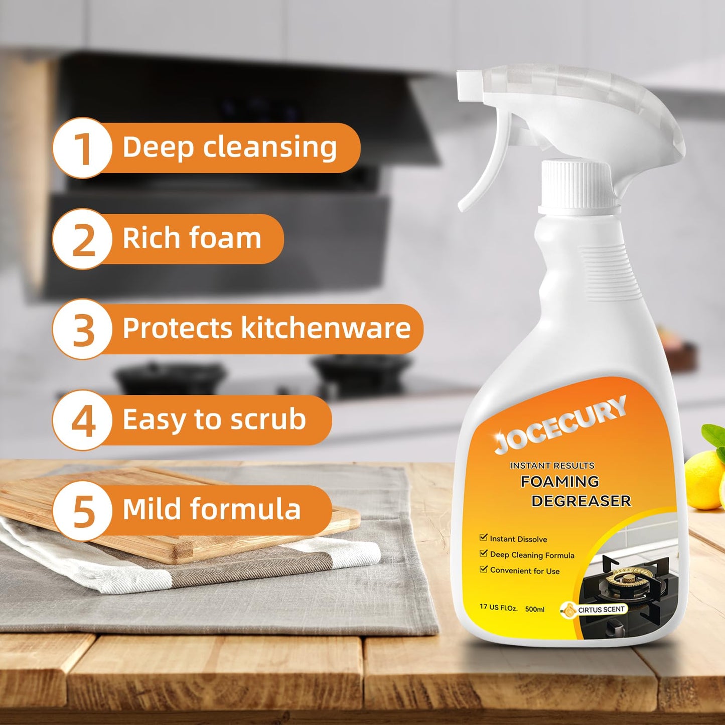 Jocecury 500ml Powerful Kitchen Degreaser Foam Spray – Multipurpose Grease Remover for Pots, Pans, Countertops & Appliances with 2-in-1 No-Rinse Dual Spray Nozzle (Lemon)