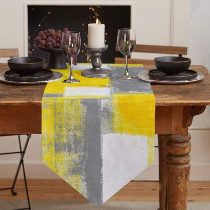Yellow and Gray Table Runner, Farmhouse Style Burlap Abstract Modern Art Painting Decorative 13 X 90 Inch